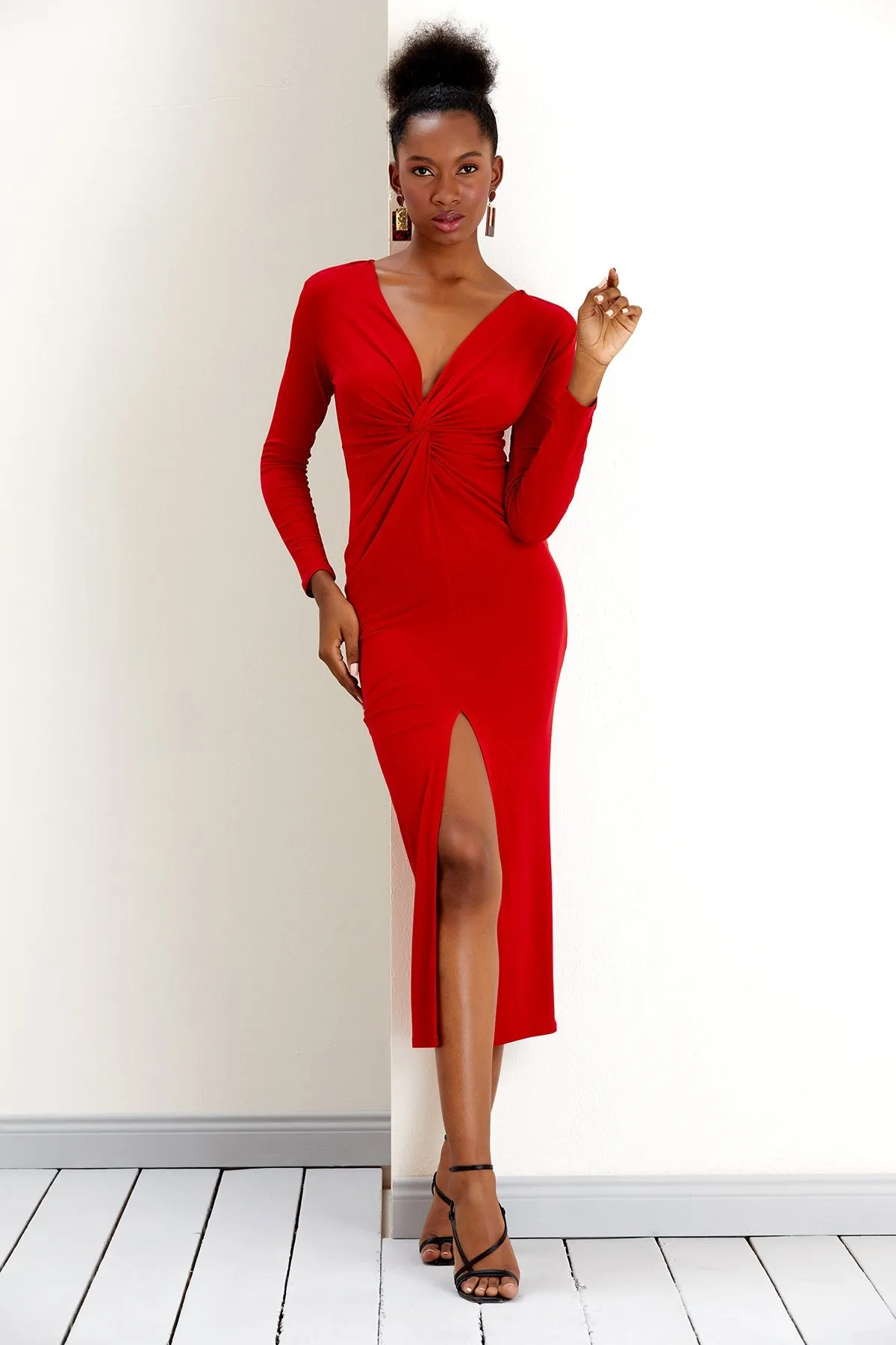 Radiant Red Affair Long Sleeve Twist Maxi Dress