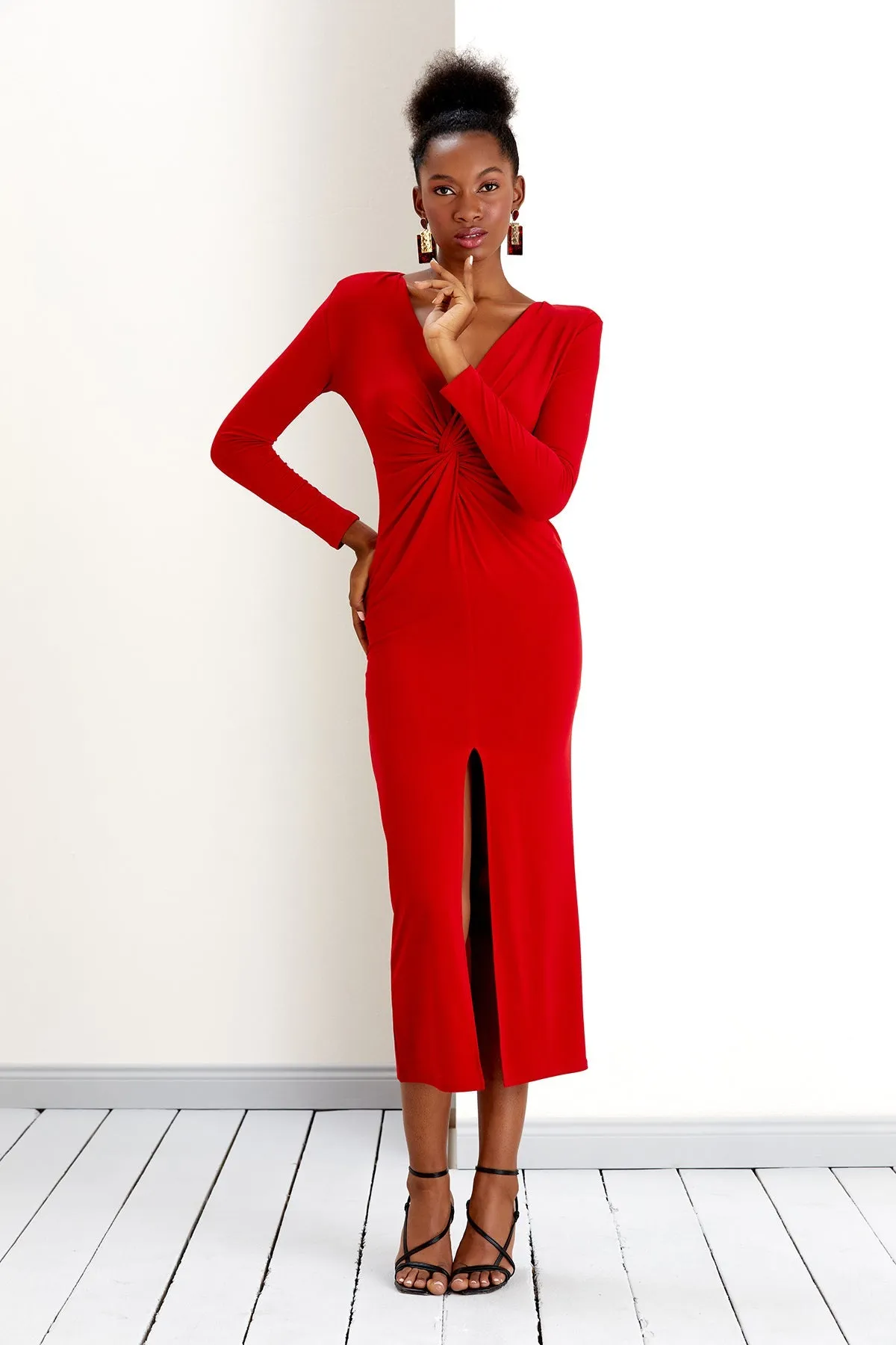 Radiant Red Affair Long Sleeve Twist Maxi Dress