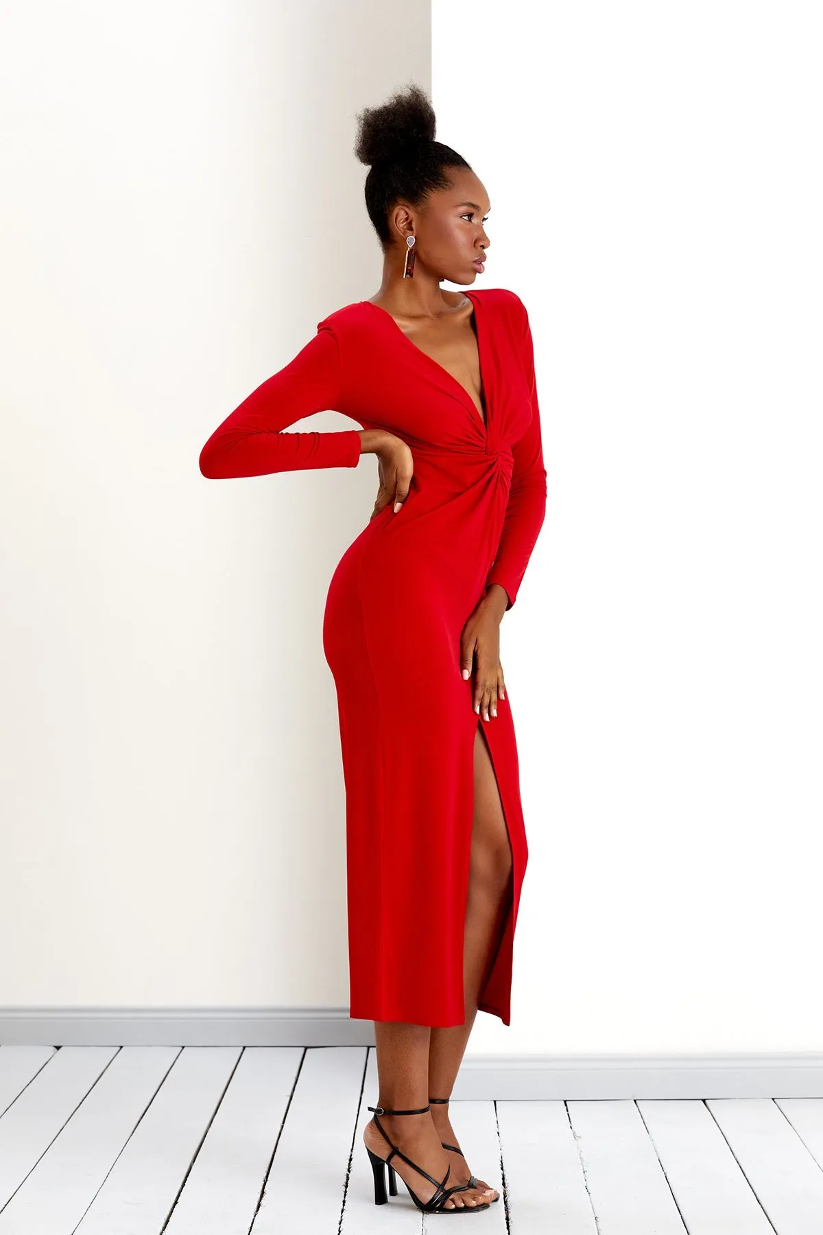 Radiant Red Affair Long Sleeve Twist Maxi Dress