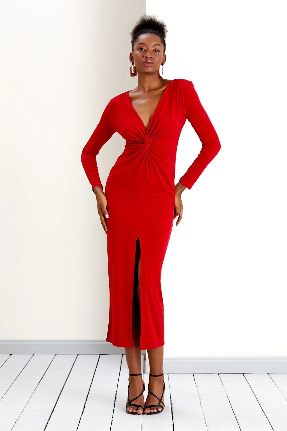 Radiant Red Affair Long Sleeve Twist Maxi Dress