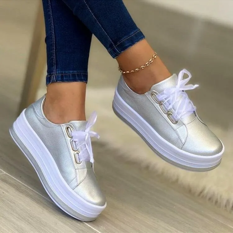 Ribbon Lace-up Platform Metallic Sneakers