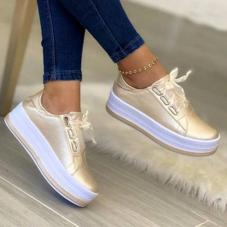 Ribbon Lace-up Platform Metallic Sneakers