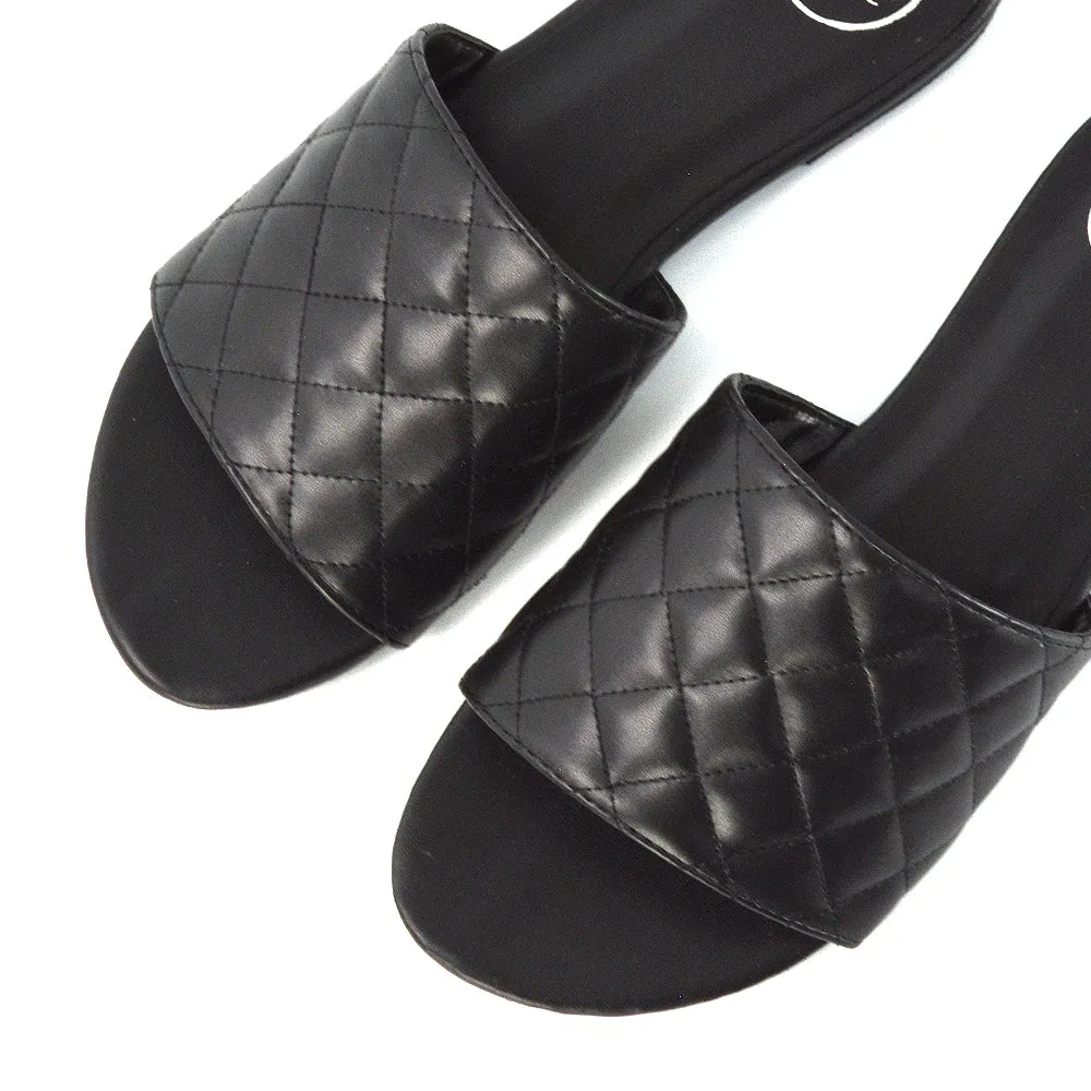 Saylor Quilted Detail Strappy Sandal Flat Sliders in Black Synthetic Leather