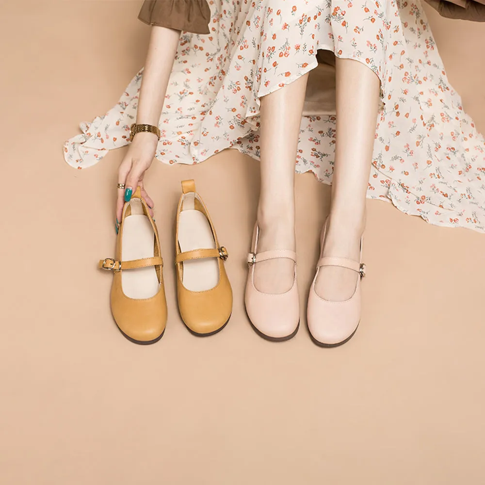 Soft Leather Mary Jane Flats Handmade Yellow/Pink