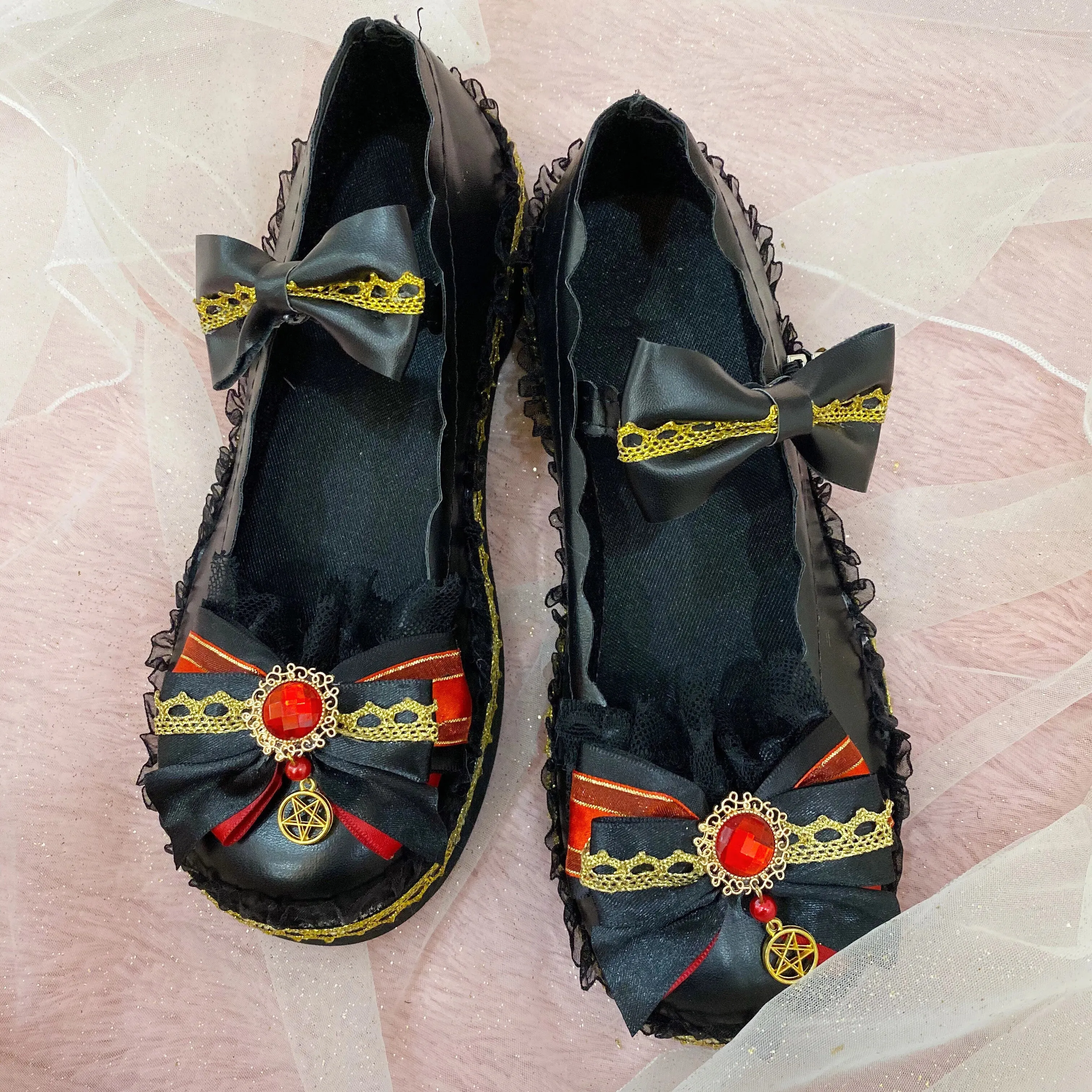 Sohiwoo Black Sweet Soft Girl Fairy Lace Bow Small Shoes Low Heel Flats  sweet lolita shoes tea party kawaii princess kawaii cos loli