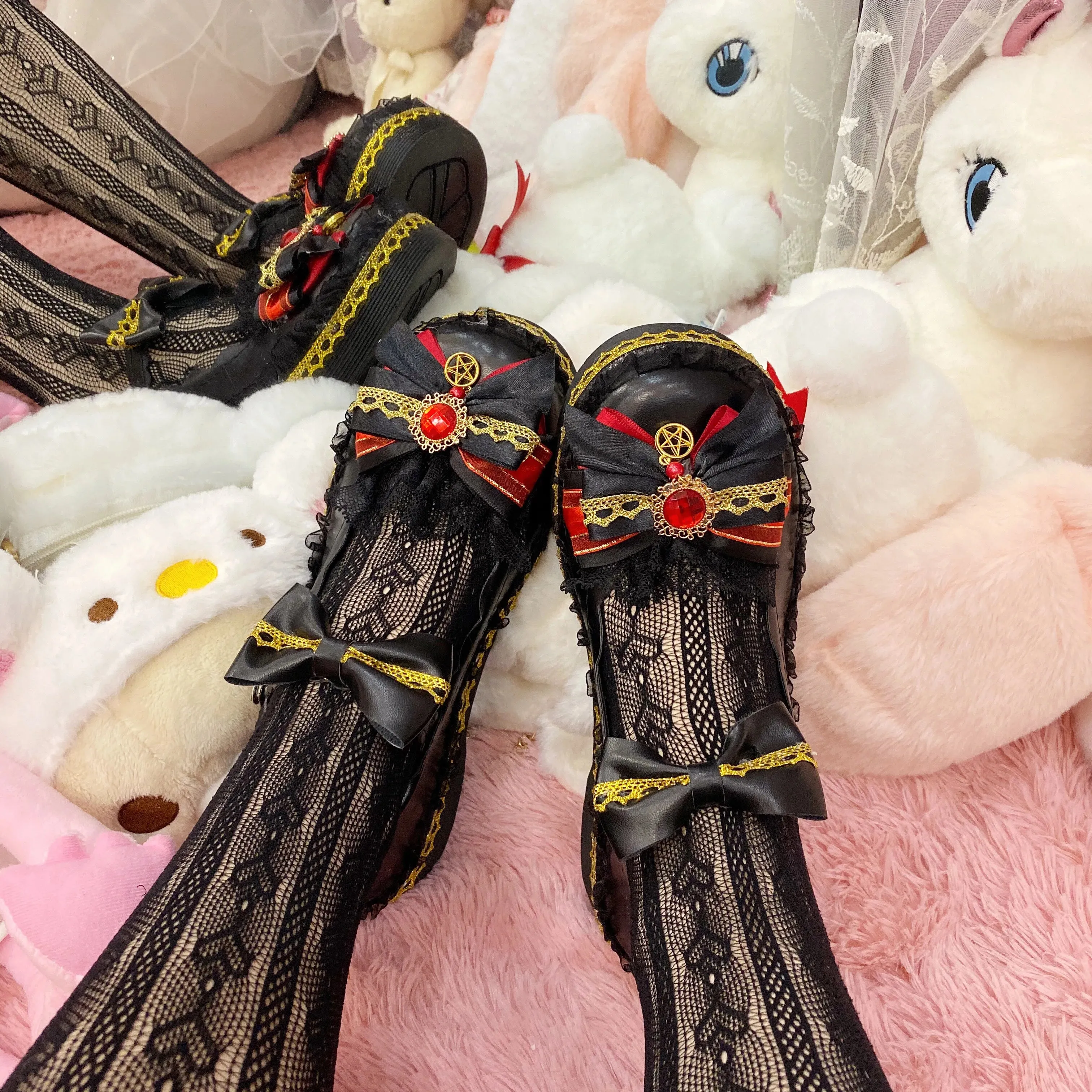 Sohiwoo Black Sweet Soft Girl Fairy Lace Bow Small Shoes Low Heel Flats  sweet lolita shoes tea party kawaii princess kawaii cos loli