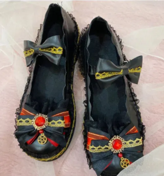 Sohiwoo Black Sweet Soft Girl Fairy Lace Bow Small Shoes Low Heel Flats  sweet lolita shoes tea party kawaii princess kawaii cos loli