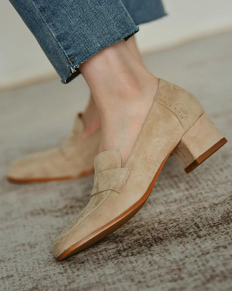 Square Toe Suede Hollow Out Design Chunky Loafers