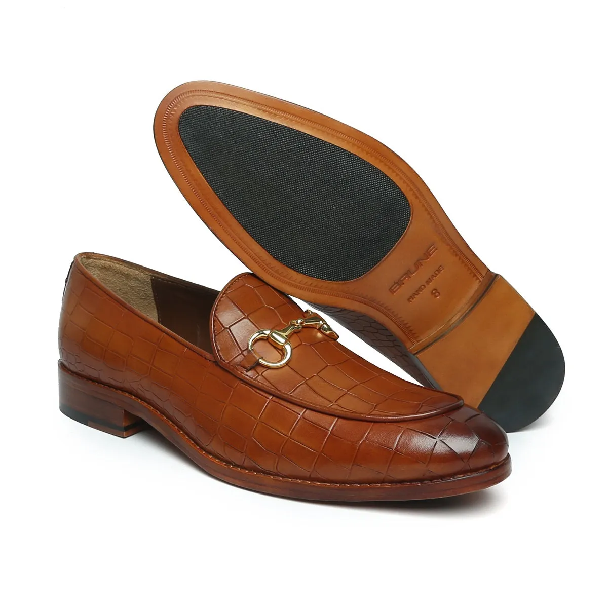 Tan Croco Textured Leather Loafer