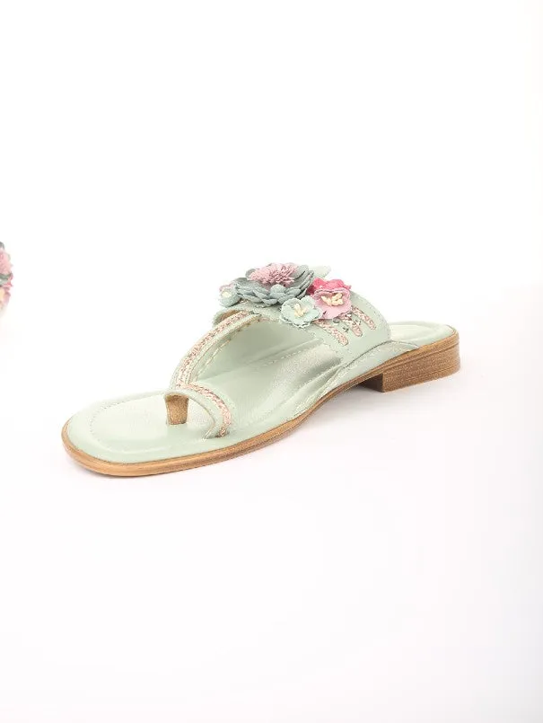 Touch Me Note - Mint Floral Boho Kolhapuri Flats