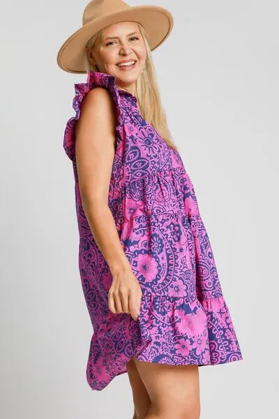 Umgee Navy/Pink Printed Ruffle Cap Sleeve Babydoll Dress Plus Size