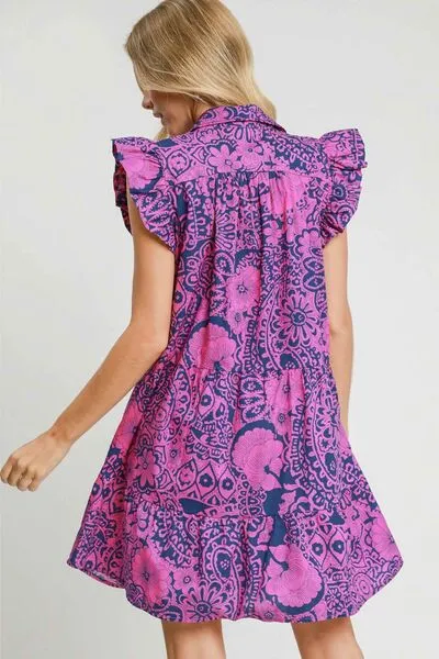 Umgee Navy/Pink Printed Ruffle Cap Sleeve Babydoll Dress Plus Size