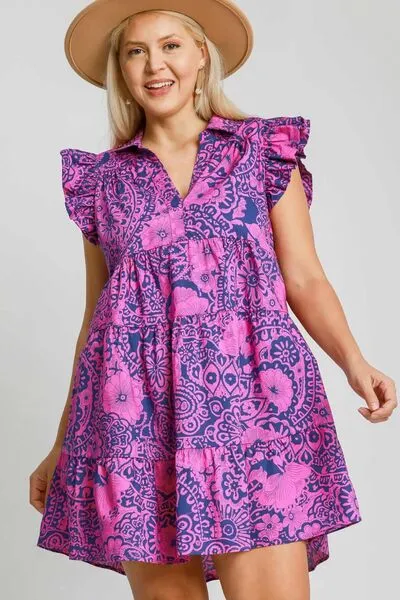 Umgee Navy/Pink Printed Ruffle Cap Sleeve Babydoll Dress Plus Size