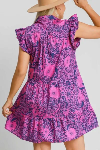 Umgee Navy/Pink Printed Ruffle Cap Sleeve Babydoll Dress Plus Size