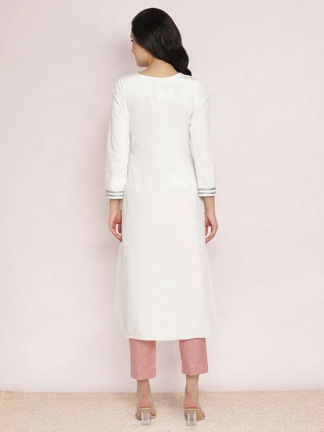 White Solid Velvet Angrakha Kurta With Gold Printed Pant