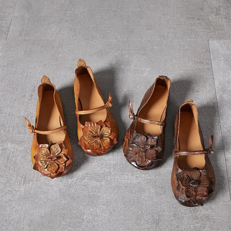 Women's Handmade Flower Leather Flats  Slip Ons in Coffee/Brown/Green