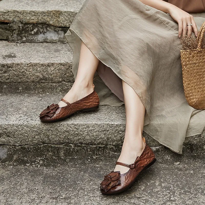 Women's Handmade Flower Leather Flats  Slip Ons in Coffee/Brown/Green