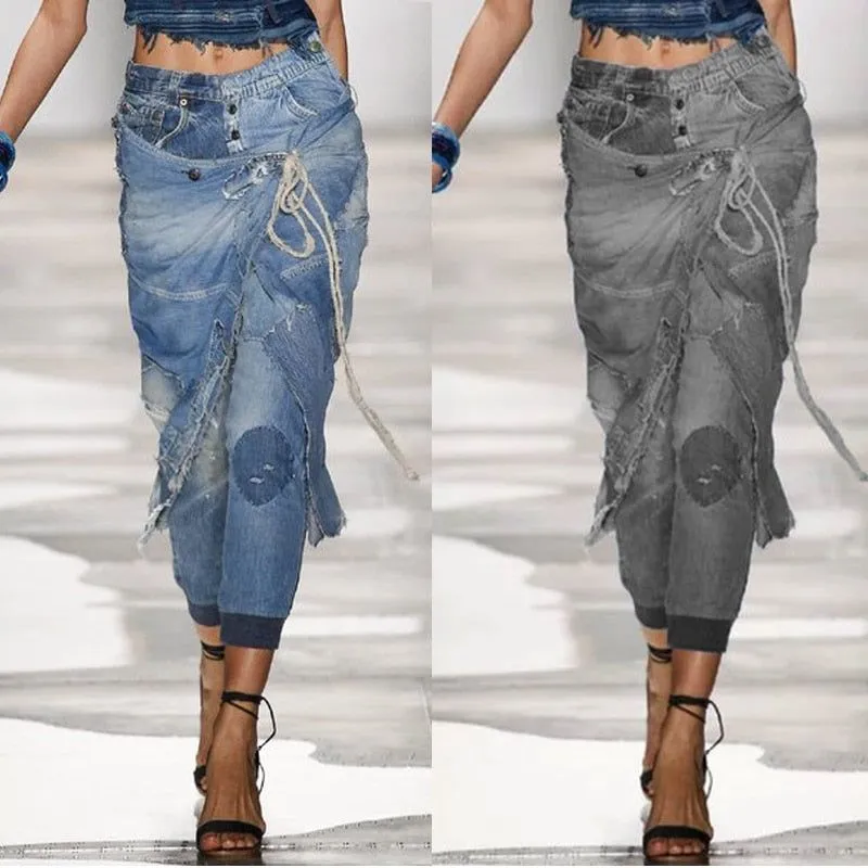 Women's New Fashion Low Waist Button Fly Denim Skirt Over Pants Distressed Jeans