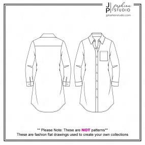 Women's Shirt Dress Fashion Flat Sketch / CAD Design / Fashion Technical Drawing / Vector Templates for Adobe Illustrator