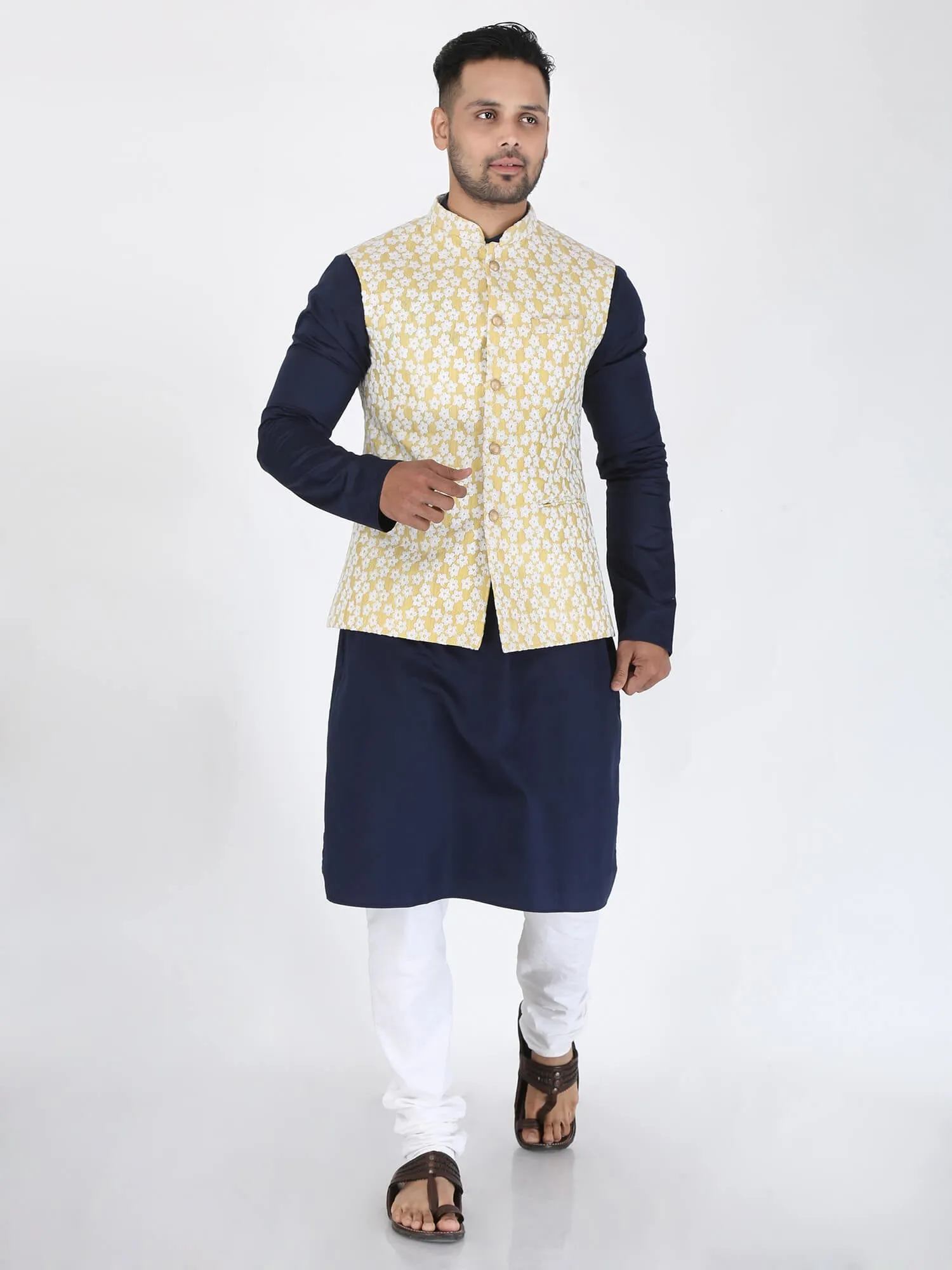 Yellow White Flower Work Nehru Jacket