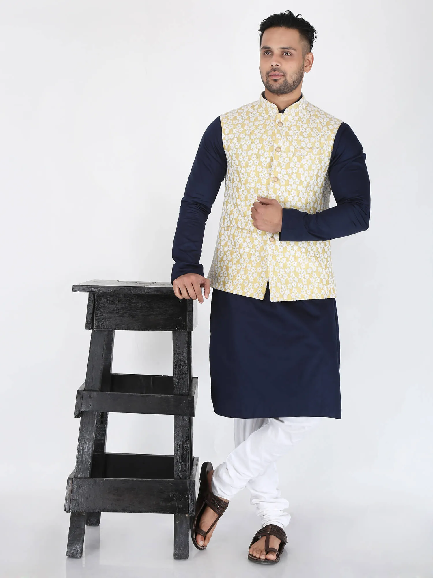 Yellow White Flower Work Nehru Jacket