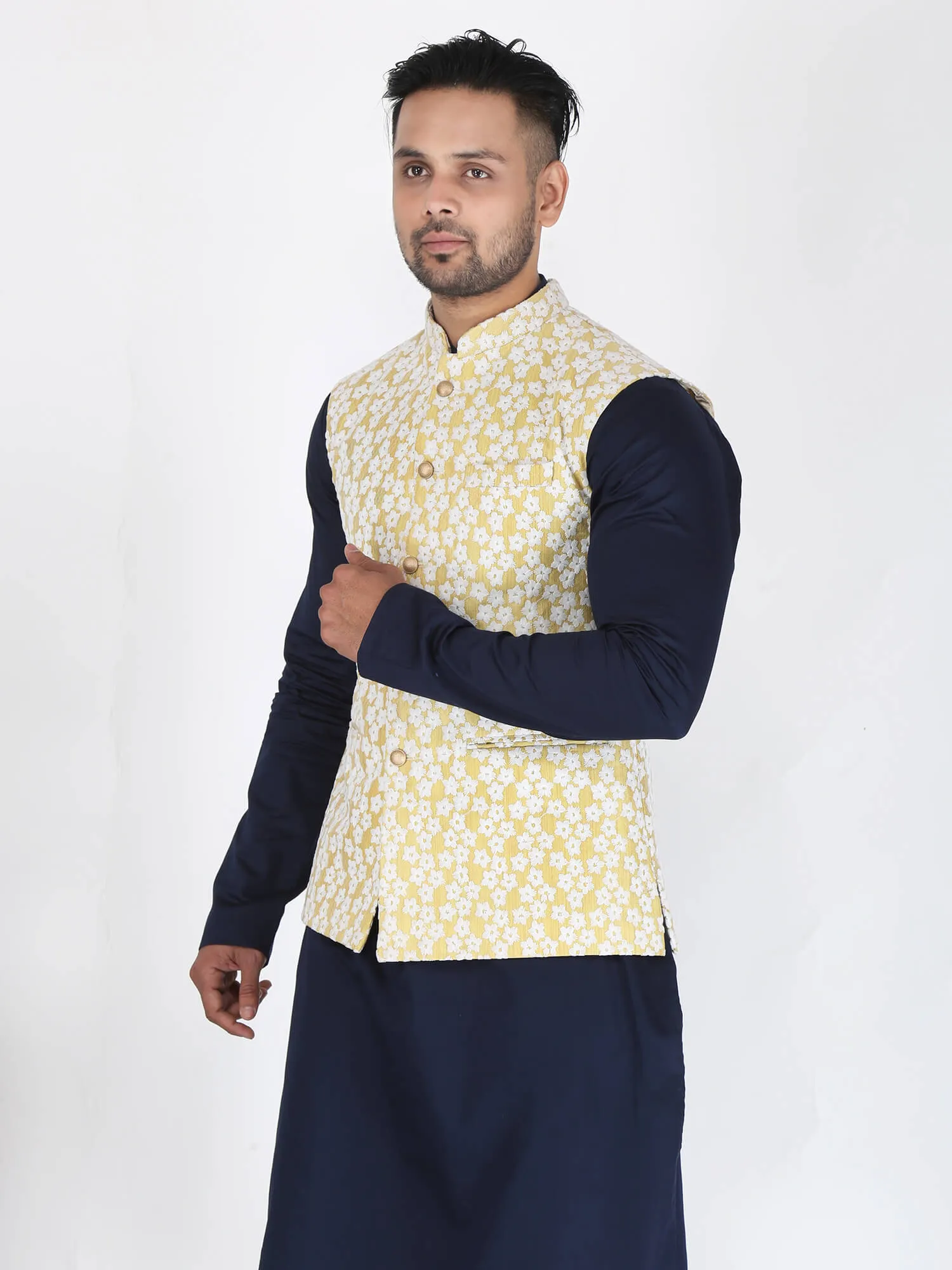 Yellow White Flower Work Nehru Jacket