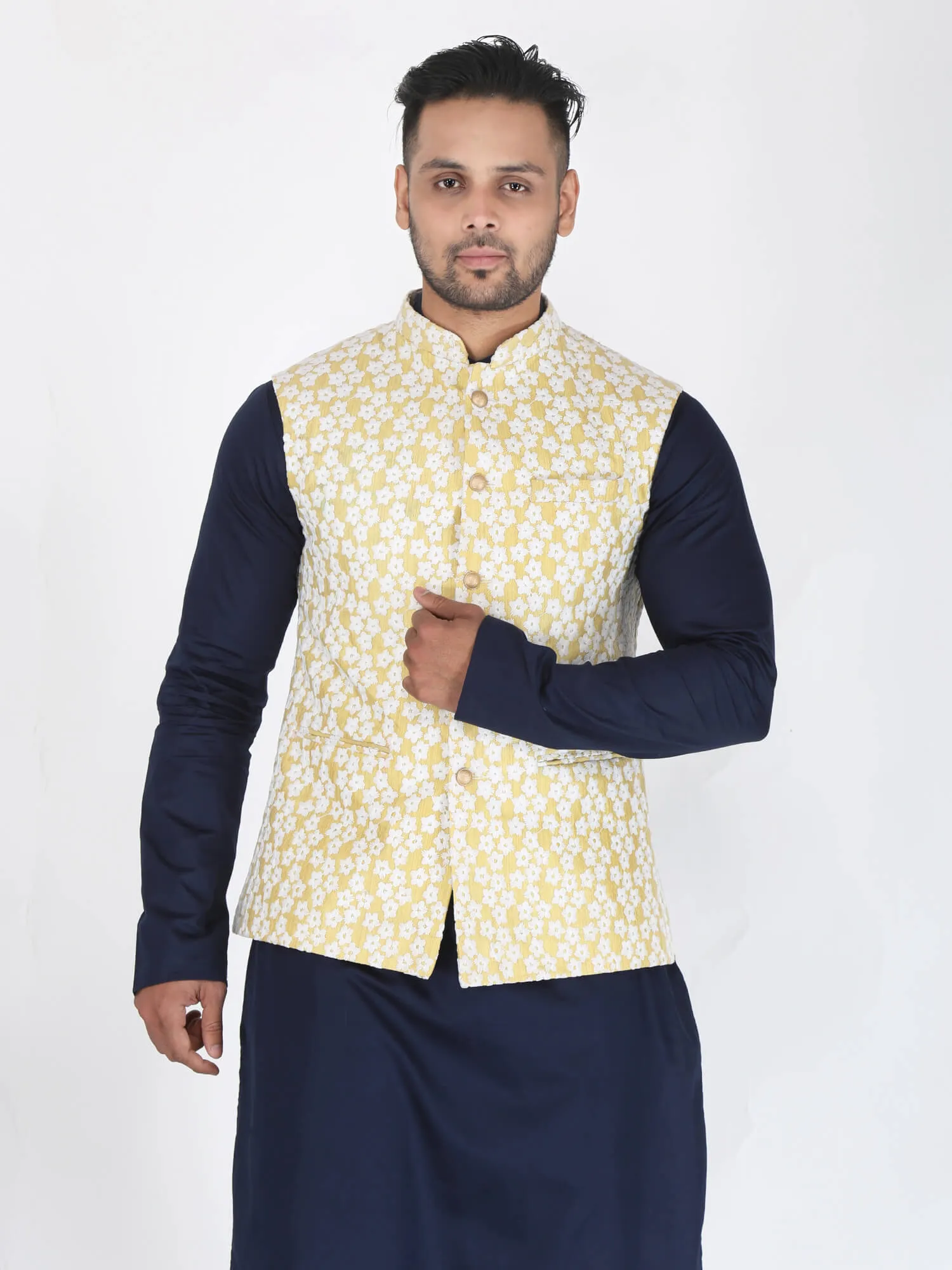 Yellow White Flower Work Nehru Jacket