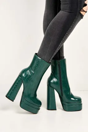 Yolanda Chunky Block Heel Platform Heeled Ankle Boots in Green Croc