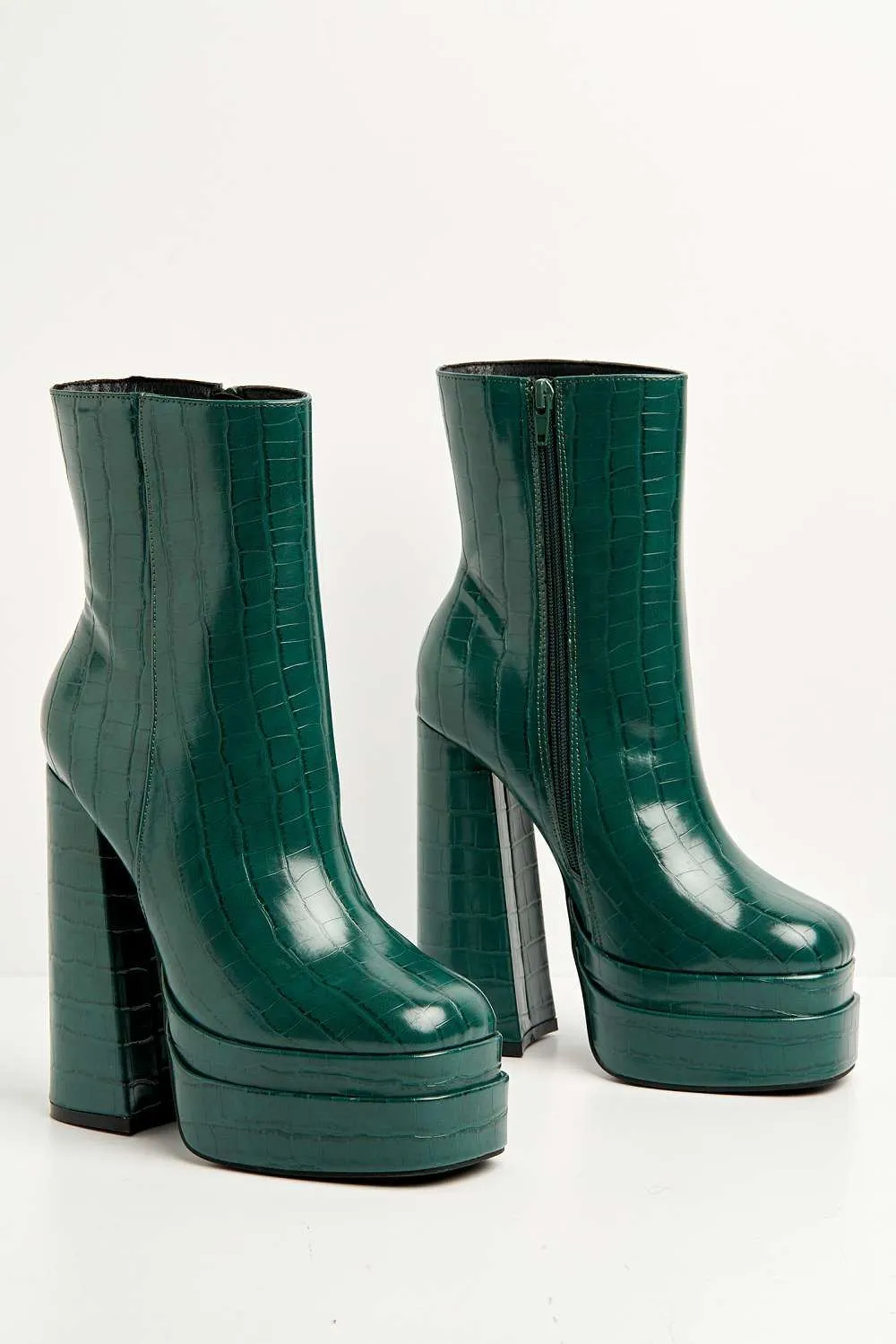 Yolanda Chunky Block Heel Platform Heeled Ankle Boots in Green Croc