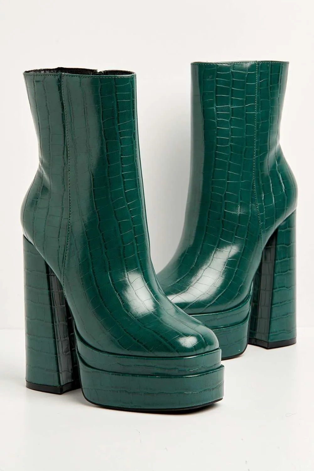 Yolanda Chunky Block Heel Platform Heeled Ankle Boots in Green Croc