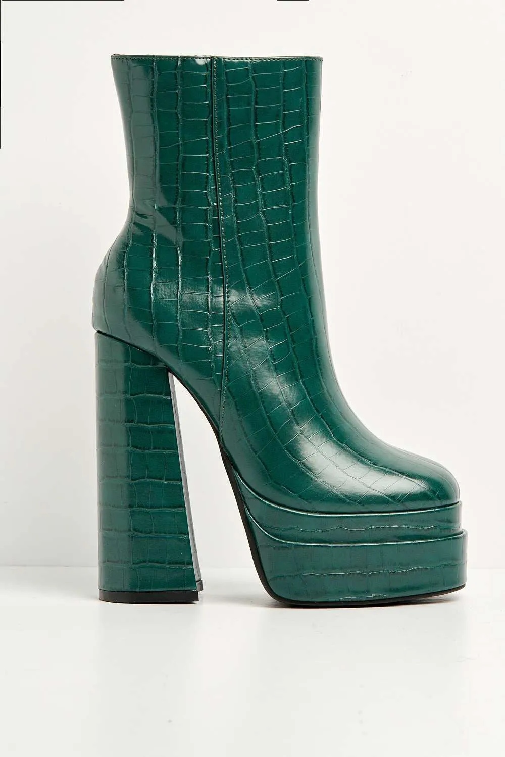 Yolanda Chunky Block Heel Platform Heeled Ankle Boots in Green Croc